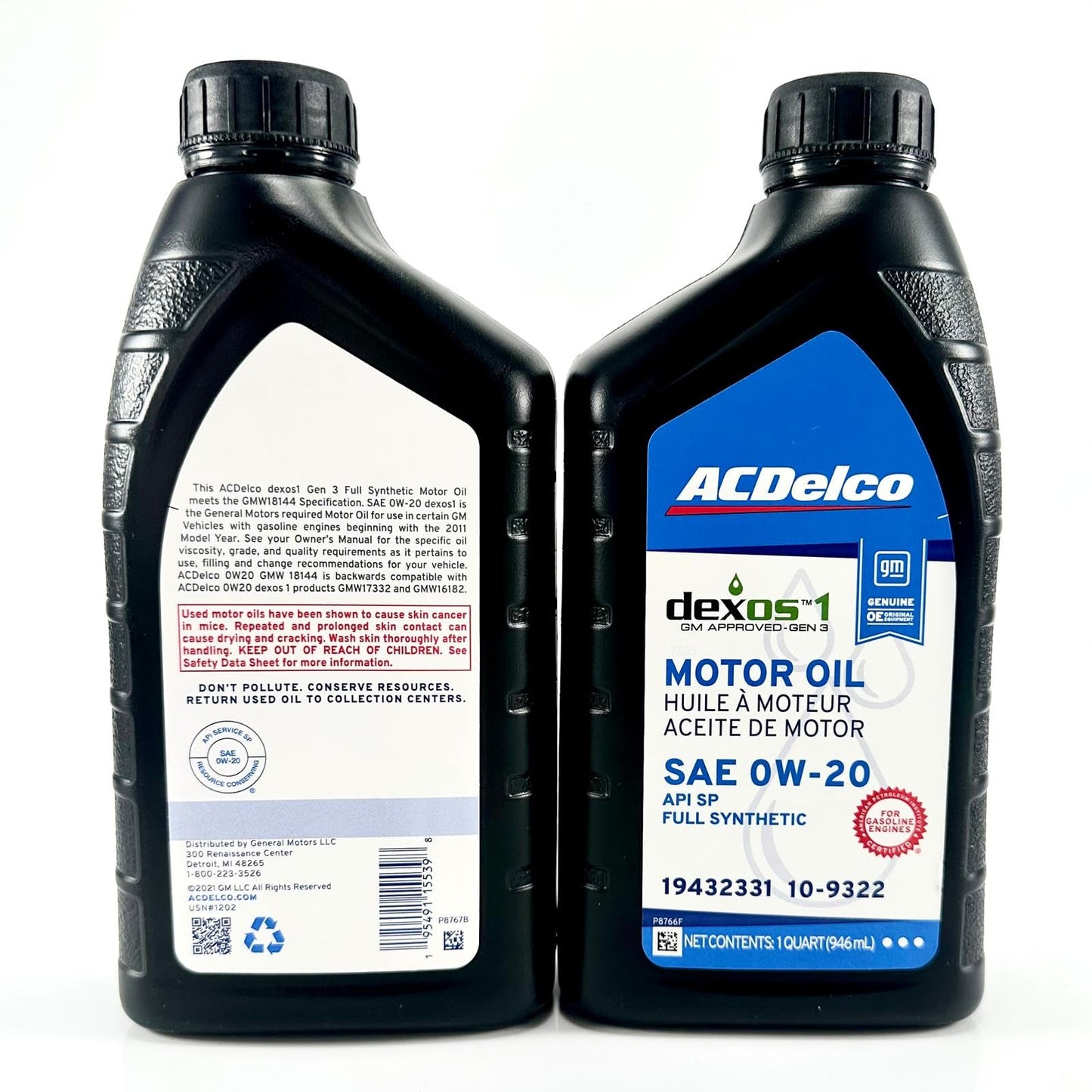 ACDelco 10-9322 19432331 dexos1 GEN 3 Full Synthetic 0W-20 Motor Oil - For 5.3L L82/L84 & 6.2L L87 | Case of 6 Quarts