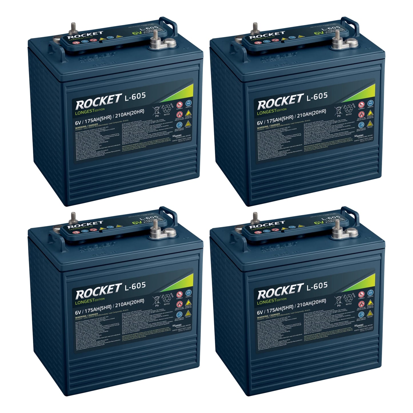 ROCKET L-605 210Ah 6V Golf Cart Battery - Compatible with Trojan T-105 T-605 (Set of 4)
