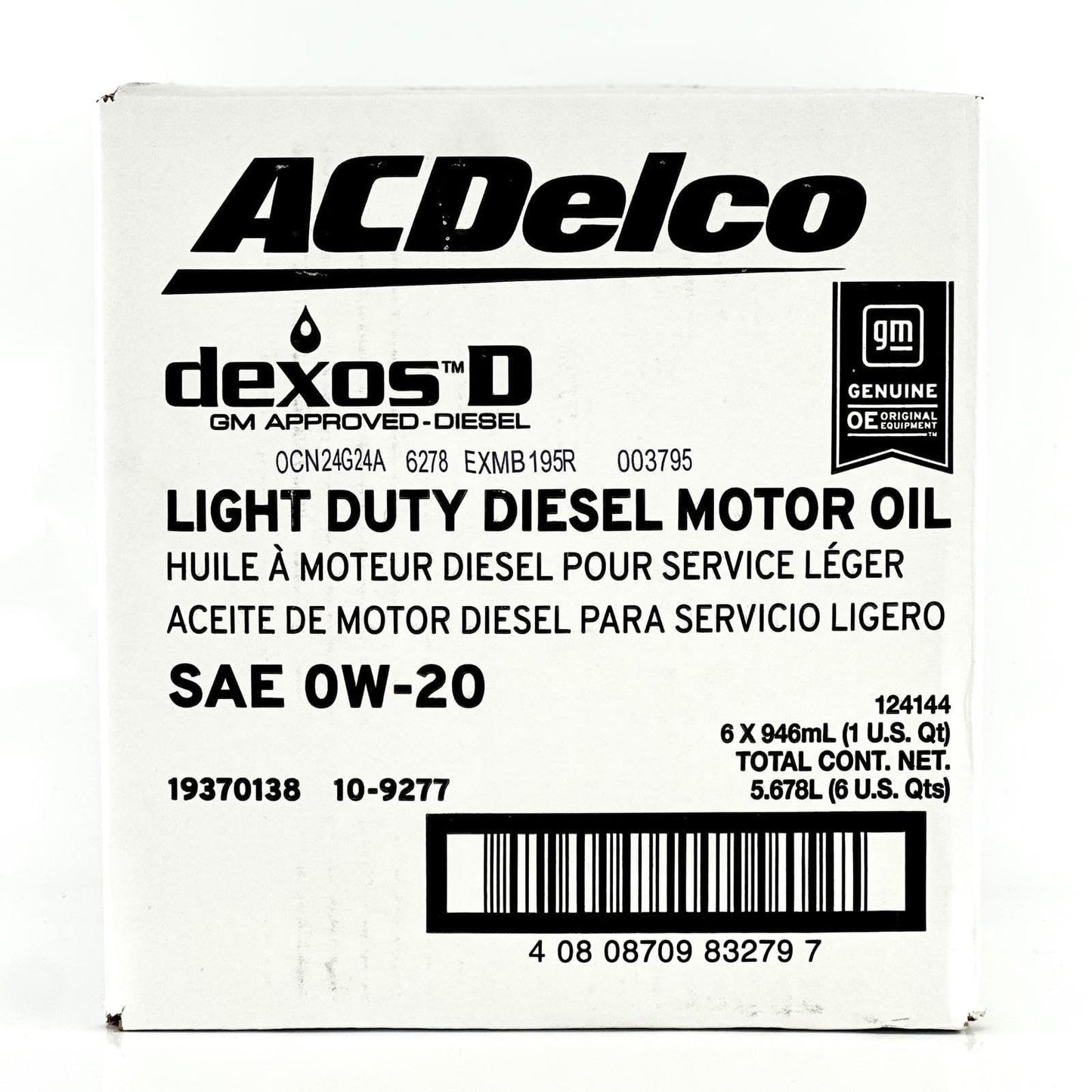 ACDelco GM Original Equipment 10-9277 (19370138) dexosD™ 0W-20 Diesel Motor Oil - 1 qt (Pack of 6)