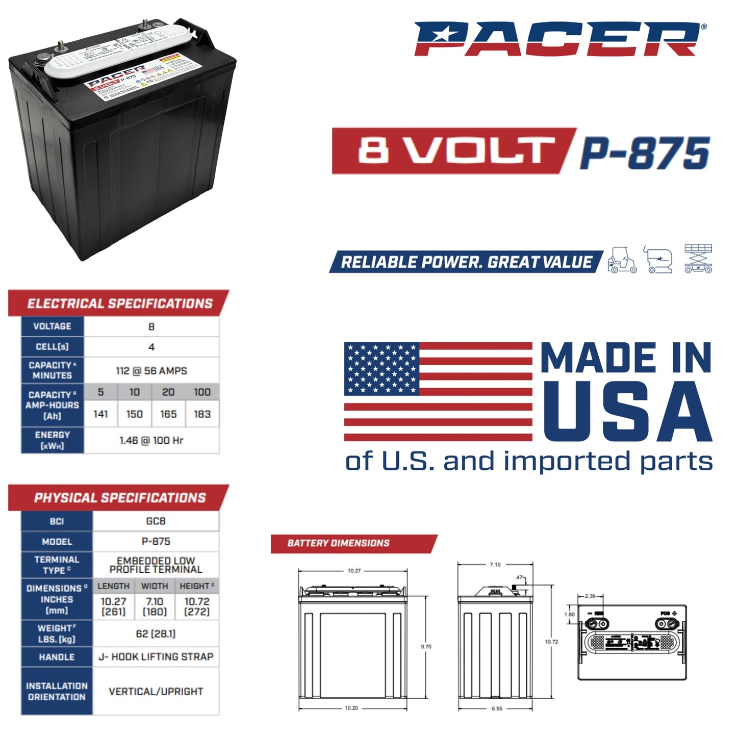 (Set of 4) Pacer P-875 8 Volt 165Ah Golf Cart, Solar, Marine, RV, and Industrial Use Deep Cycle Battery - Compatible with T-875 | T875