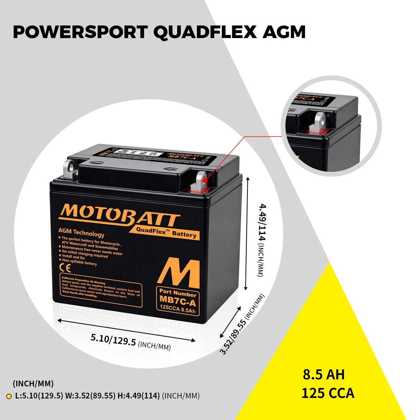 MB7CA Motobatt 12V AGM Battery - Replaces Yuasa YB7C-A