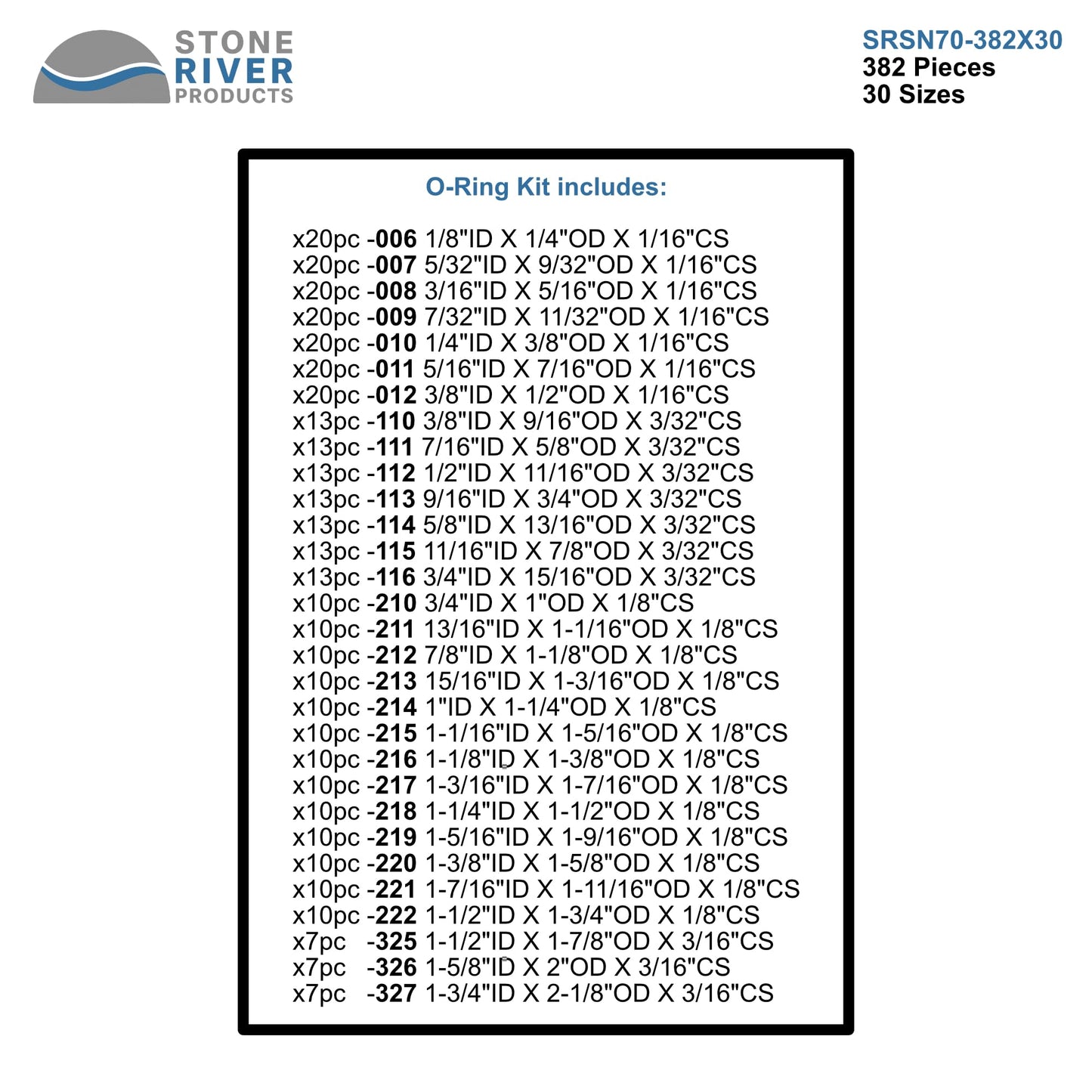 Stone River Products Standard Buna-N 70 Square Ring Kit - 382 Pieces | 30 Sizes