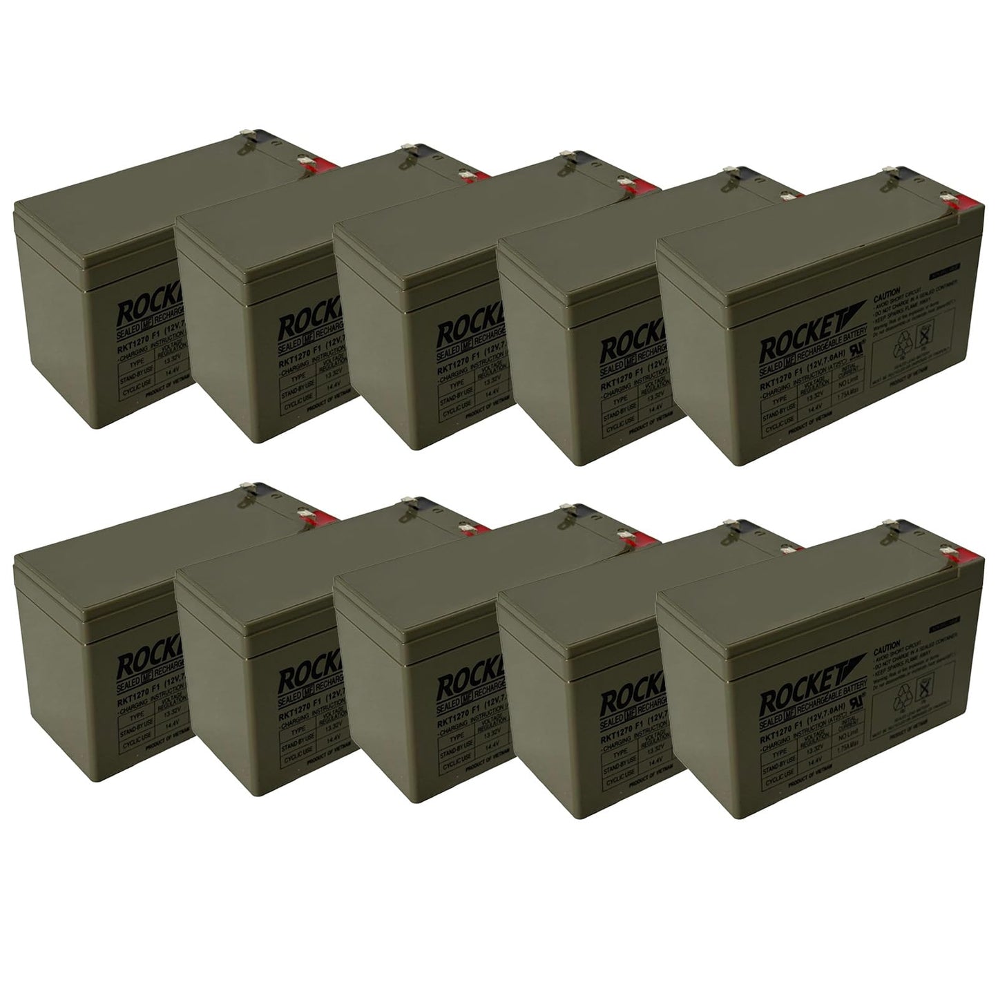ROCKET RKT1270 12V 7Ah (Case of 10) Sealed Lead Acid (SLA) Rechargeable Battery – F1 Terminal – AGM, Maintenance-Free, Backup Power for UPS, Alarm, and Security Systems