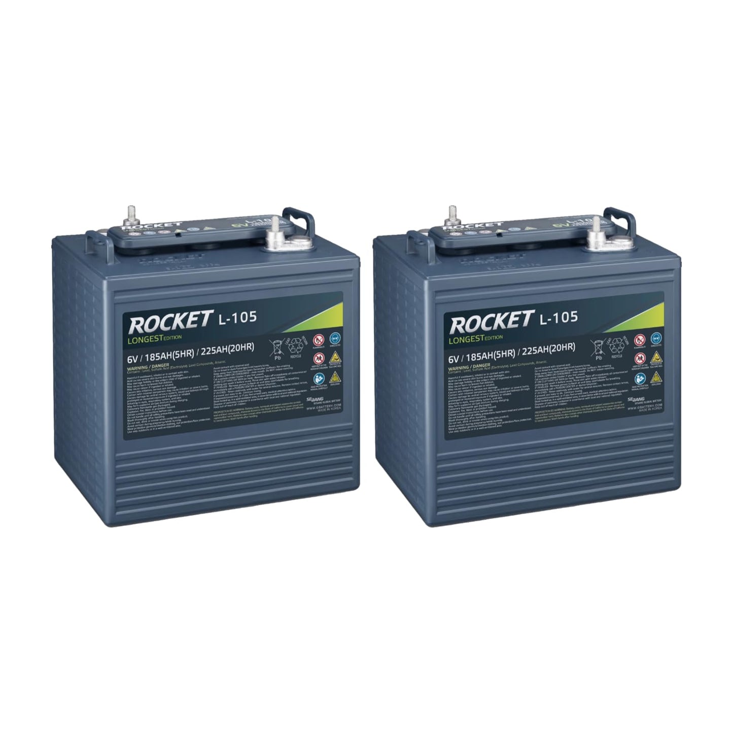Rocket L-105 225Ah 6V Golf Cart Battery - Replaces Trojan T-105 (Set of 2)