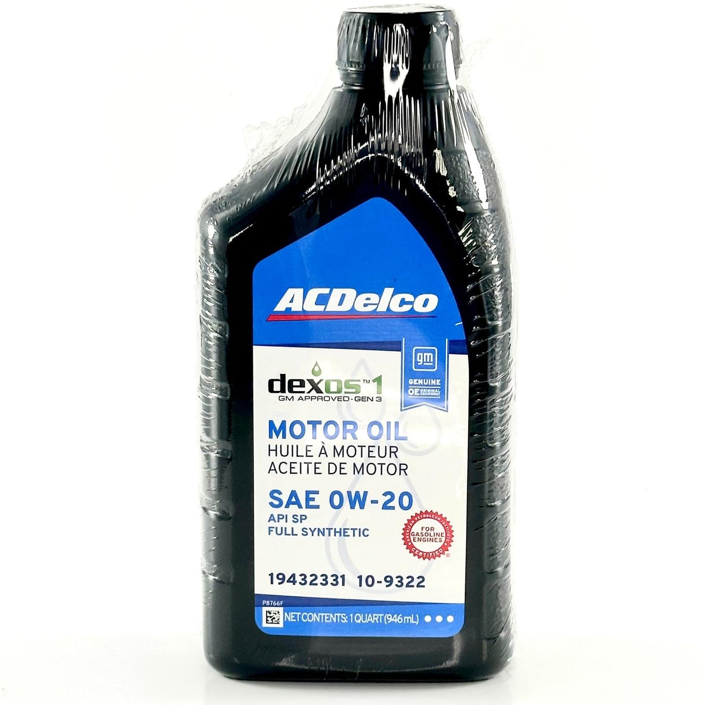 ACDelco 10-9322 19432331 dexos1 GEN 3 Full Synthetic 0W-20 Motor Oil - For 5.3L L82/L84 & 6.2L L87 | Case of 6 Quarts