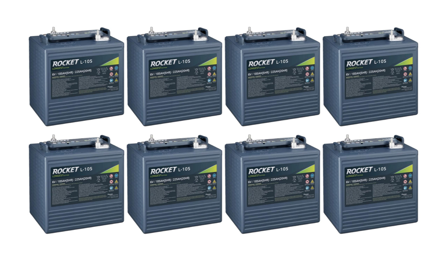 Rocket L-105 225Ah 6V Golf Cart Battery - Replaces Trojan T-105 (Set of 8)