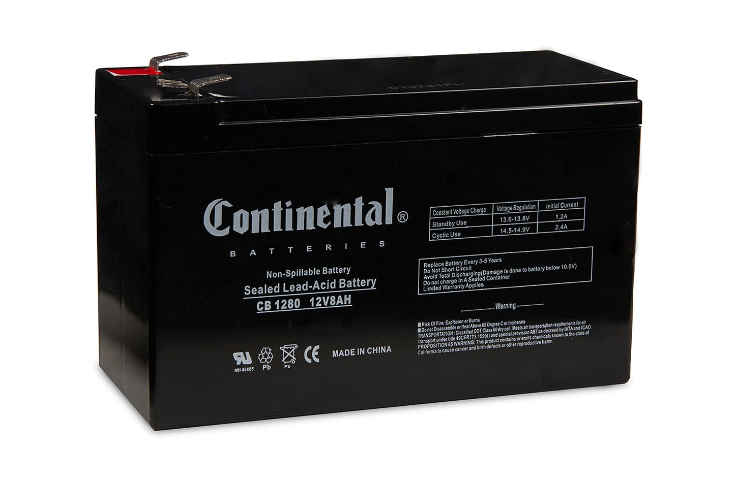 Continental Battery CB 1280 (F2), 12 Volt 8 Amp Hour SLA AGM Battery, T2/F2 Terminals