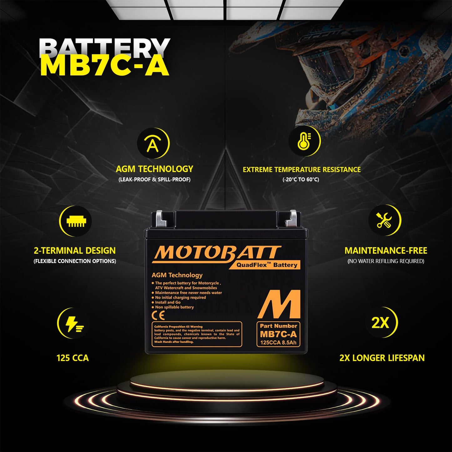 MB7CA Motobatt 12V AGM Battery - Replaces Yuasa YB7C-A