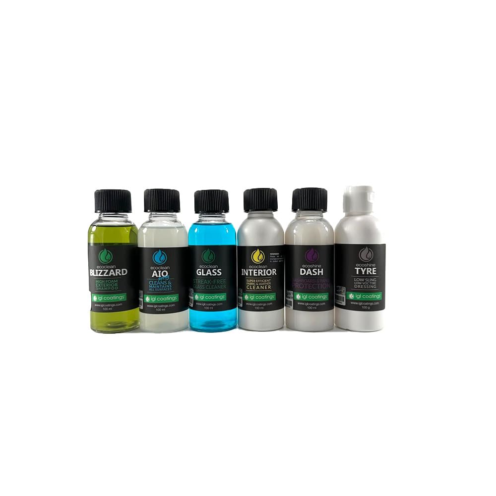 IGL Travel Car Detailing Kit: 100ml Ecoclean AIO, Blizzard, Glass & Interior, Ecoshine Dash/Tyre, Microfiber Towel – Ideal for Glove Box & Trunk Essentials