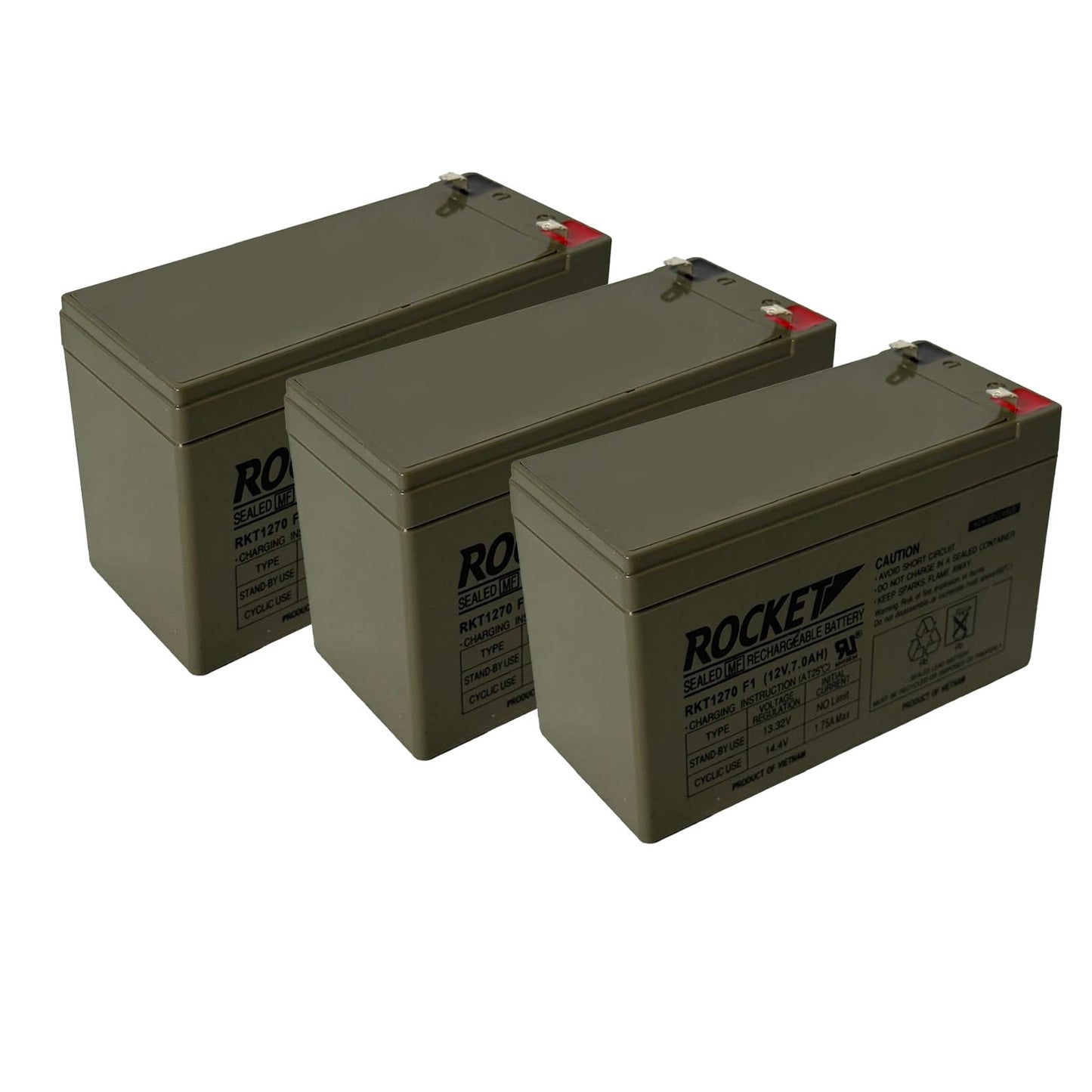 ROCKET RKT1270 12V 7Ah (Pack of 3) Sealed Lead Acid (SLA) Rechargeable Battery – F1 Terminal – AGM, Maintenance-Free, Backup Power for UPS, Alarm, and Security Systems