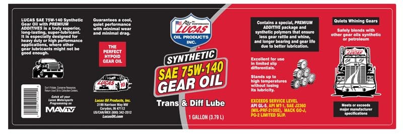 Lucas Oil Synthetic SAE 75W-140 Gear Oil
