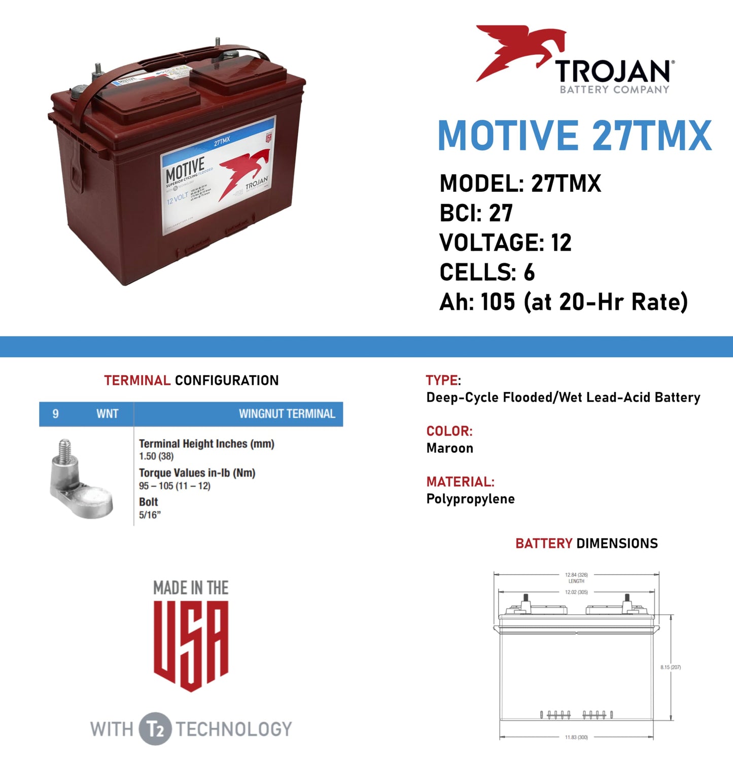 Trojan Battery 27TMX - 12V Flooded Lead Acid Battery, 105 Ah - Ideal for RVs, Marine, and Floor Cleaning Machines | Set of 2
