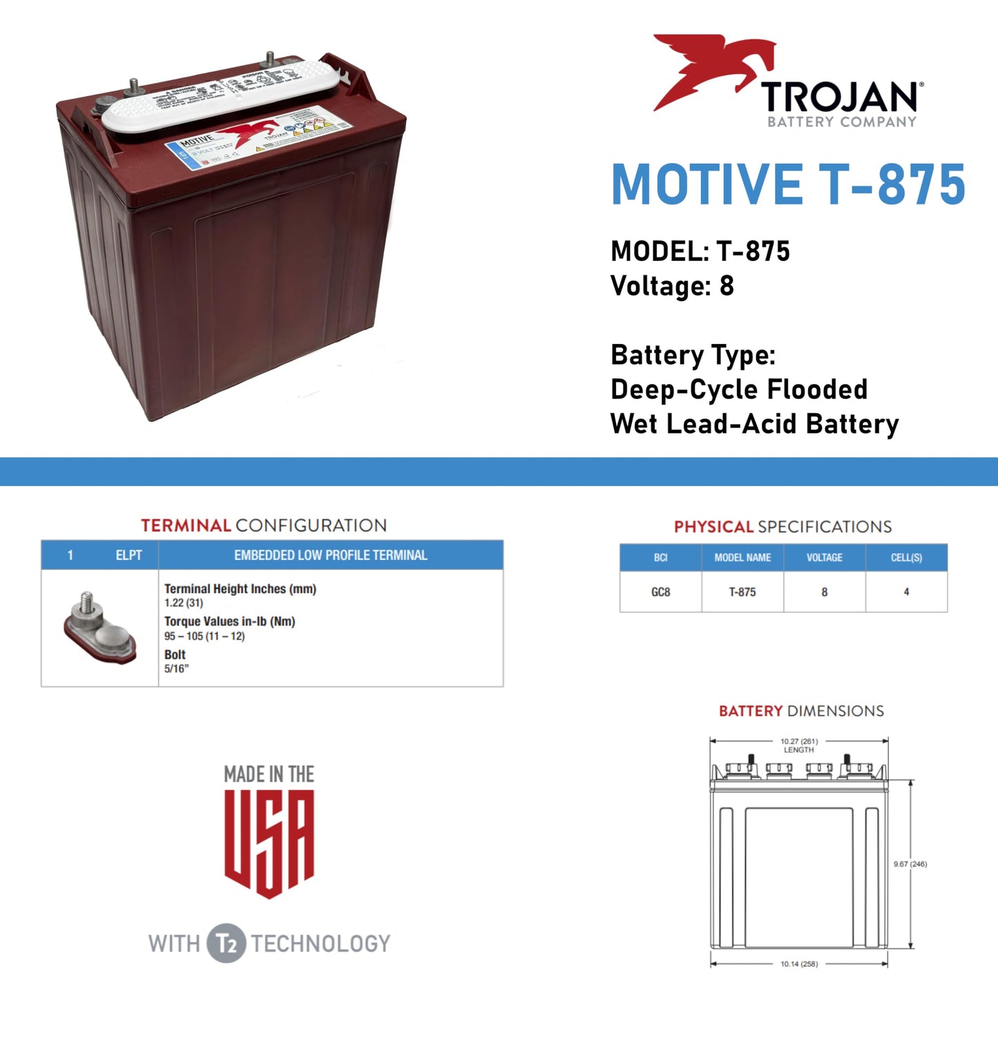 Trojan T-875 8V 170Ah Deep Cycle Lead Acid Battery – Set of 6