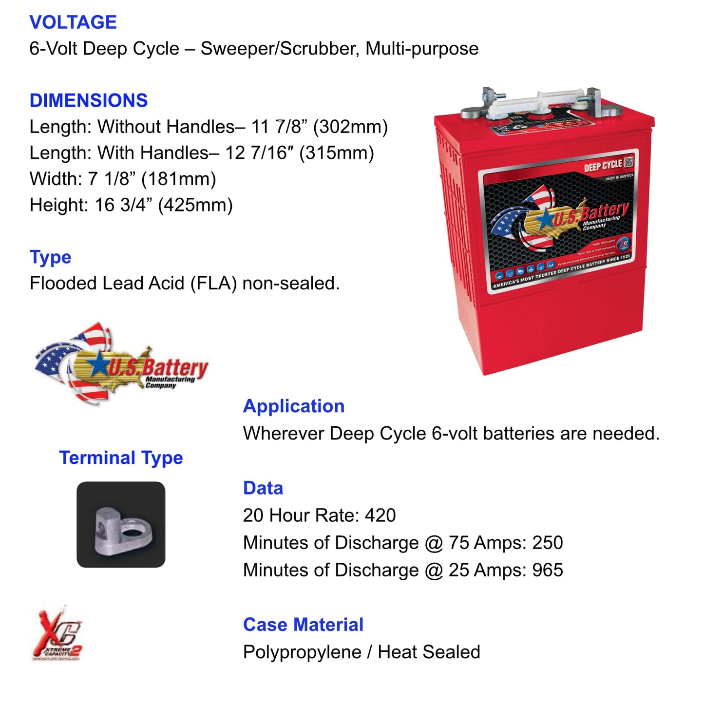 (Set of 6) US Battery USL16HCXC2 6V 420A Deep Cycle Flooded Lead Acid Battery, Group Size: 903