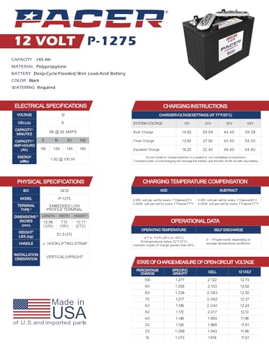 Set of 4 | Pacer P-1275 12V 145Ah Deep Cycle Golf Cart, Solar, Marine, RV, and Industrial Use Battery. Compatible with Trojan T-1275 | T1275