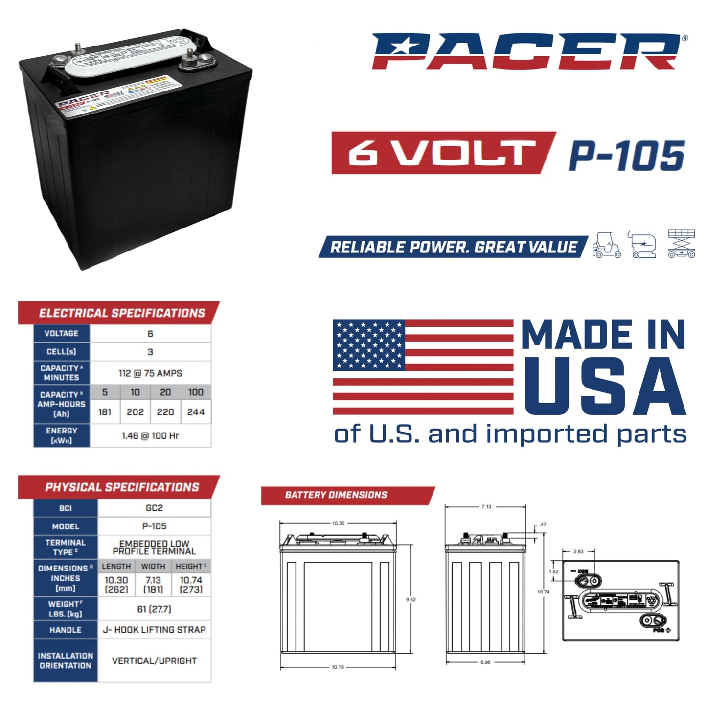 (Set of 2) Pacer P-105 6 Volt 220Ah Deep Cycle Battery - Compatible with T-105 T-605
