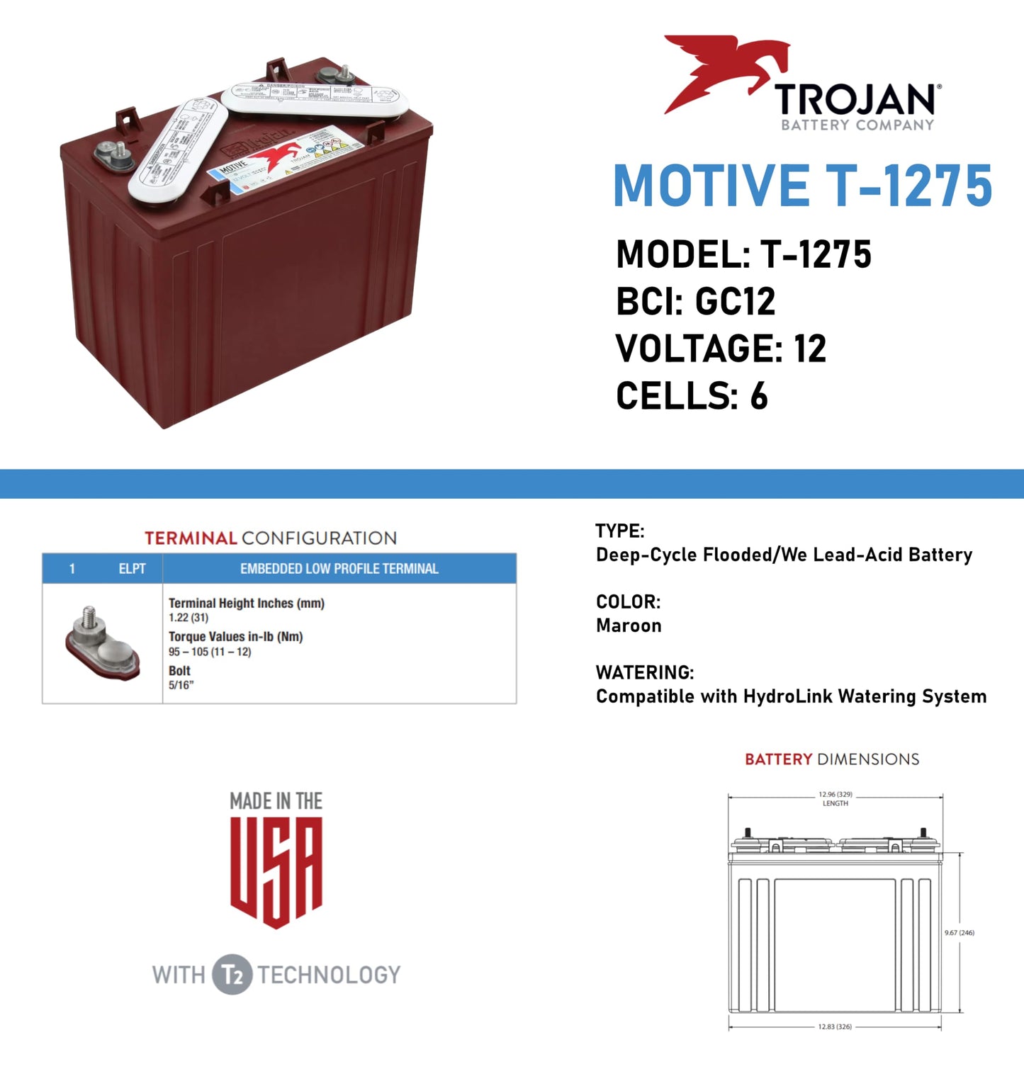 Trojan T-1275 12V Flooded Lead Acid Battery, 150Ah 20-Hr Rate - Set of 12