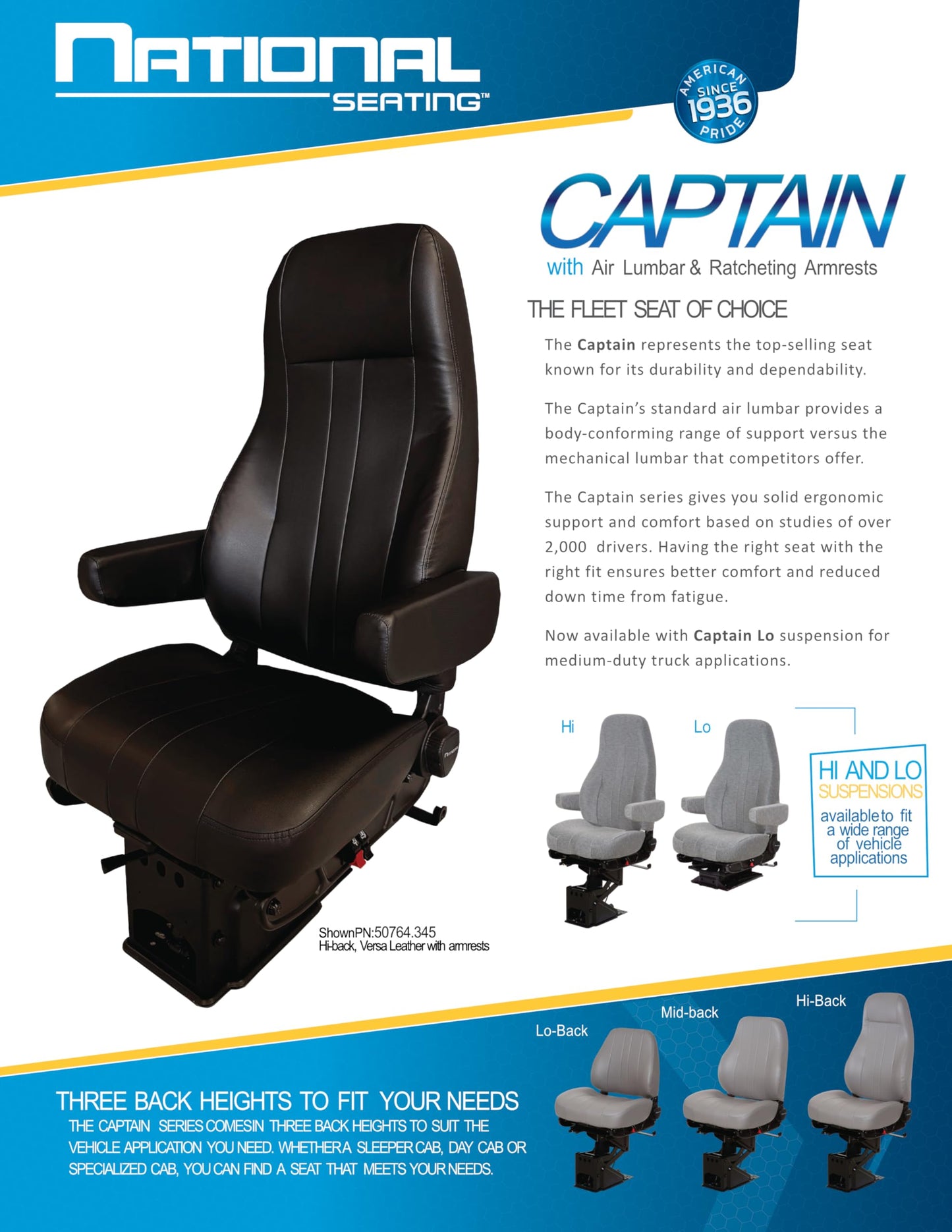 National Seating 50764.365 Truck Seat, HiPro 95 Air Suspension, Black Mordura Cloth, Hi-Back, 15 in. Ratcheting Armrests