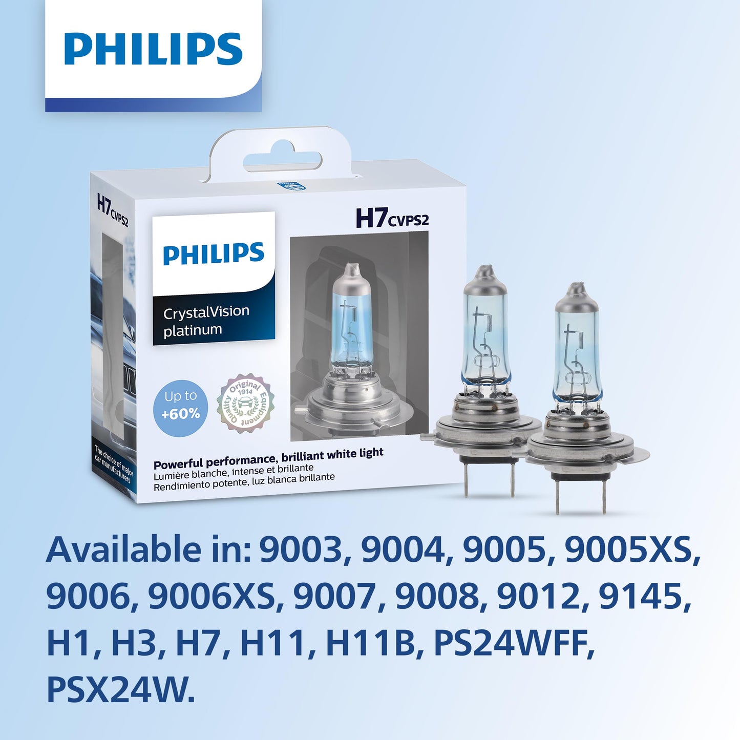 Philips Automotive Lighting H7 CrystalVision Platinum Superior Upgrade Automotive Replacement Bright White Headlight Bulb, Fits Select High Beam, Low Beam, Fog Positions (2 Pack)