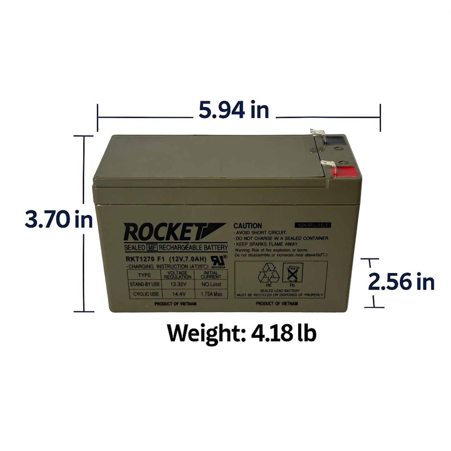 ROCKET RKT1270 12V 7Ah (Case of 10) Sealed Lead Acid (SLA) Rechargeable Battery – F1 Terminal – AGM, Maintenance-Free, Backup Power for UPS, Alarm, and Security Systems