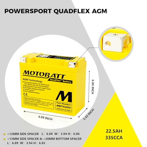 MotoBatt MBTX20U (12V 22.5 Amp) 335 CCA Factory Activated Maintenance Free QuadFlex AGM Battery