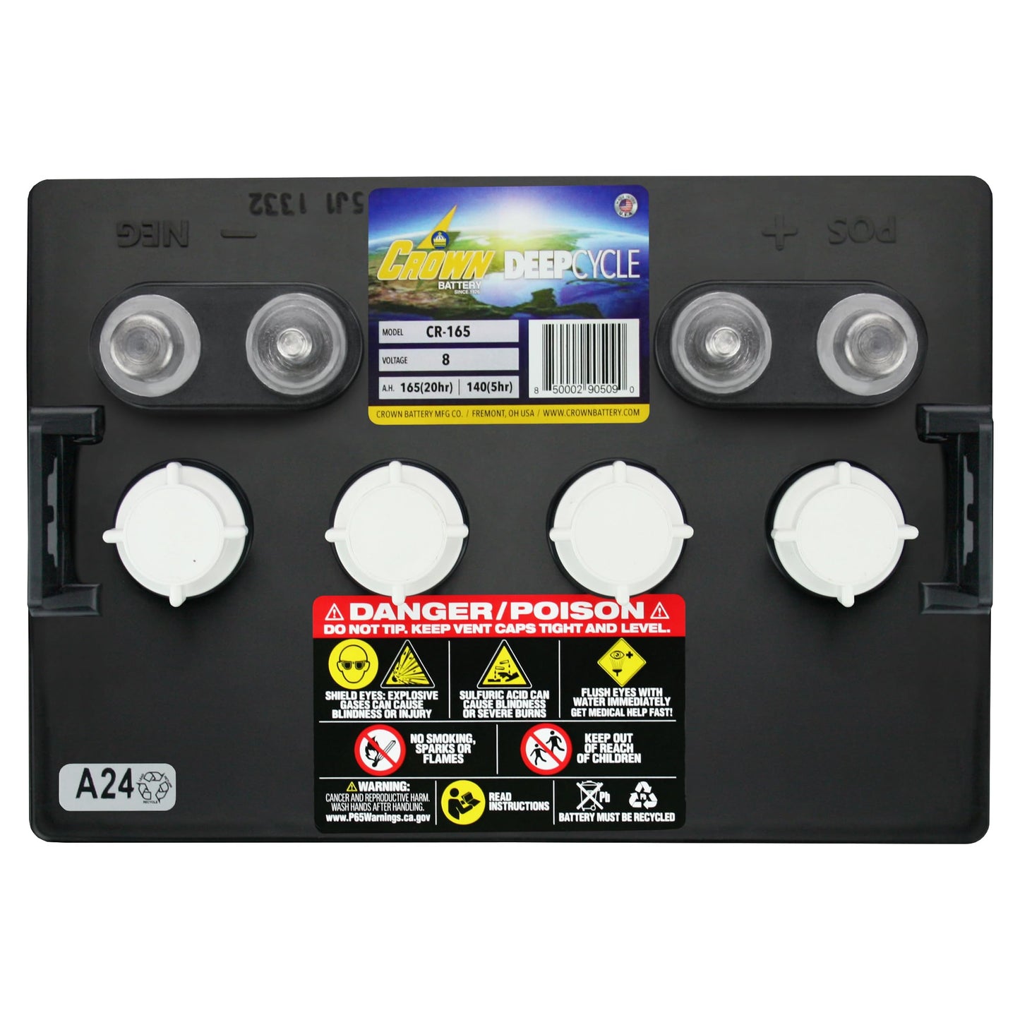 Crown CR-165 8V Deep-Cycle Flooded Battery Replaces Trojan T-875 X2