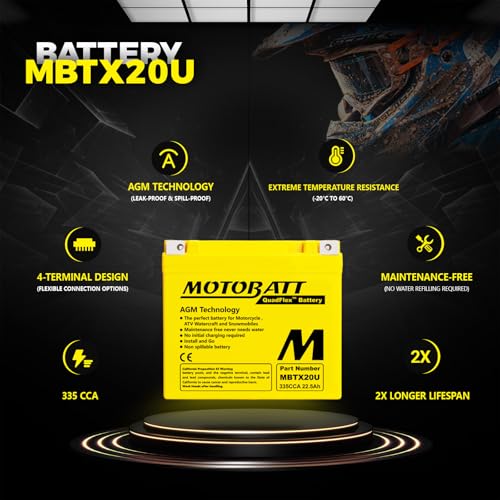 MotoBatt MBTX20U (12V 22.5 Amp) 335 CCA Factory Activated Maintenance Free QuadFlex AGM Battery