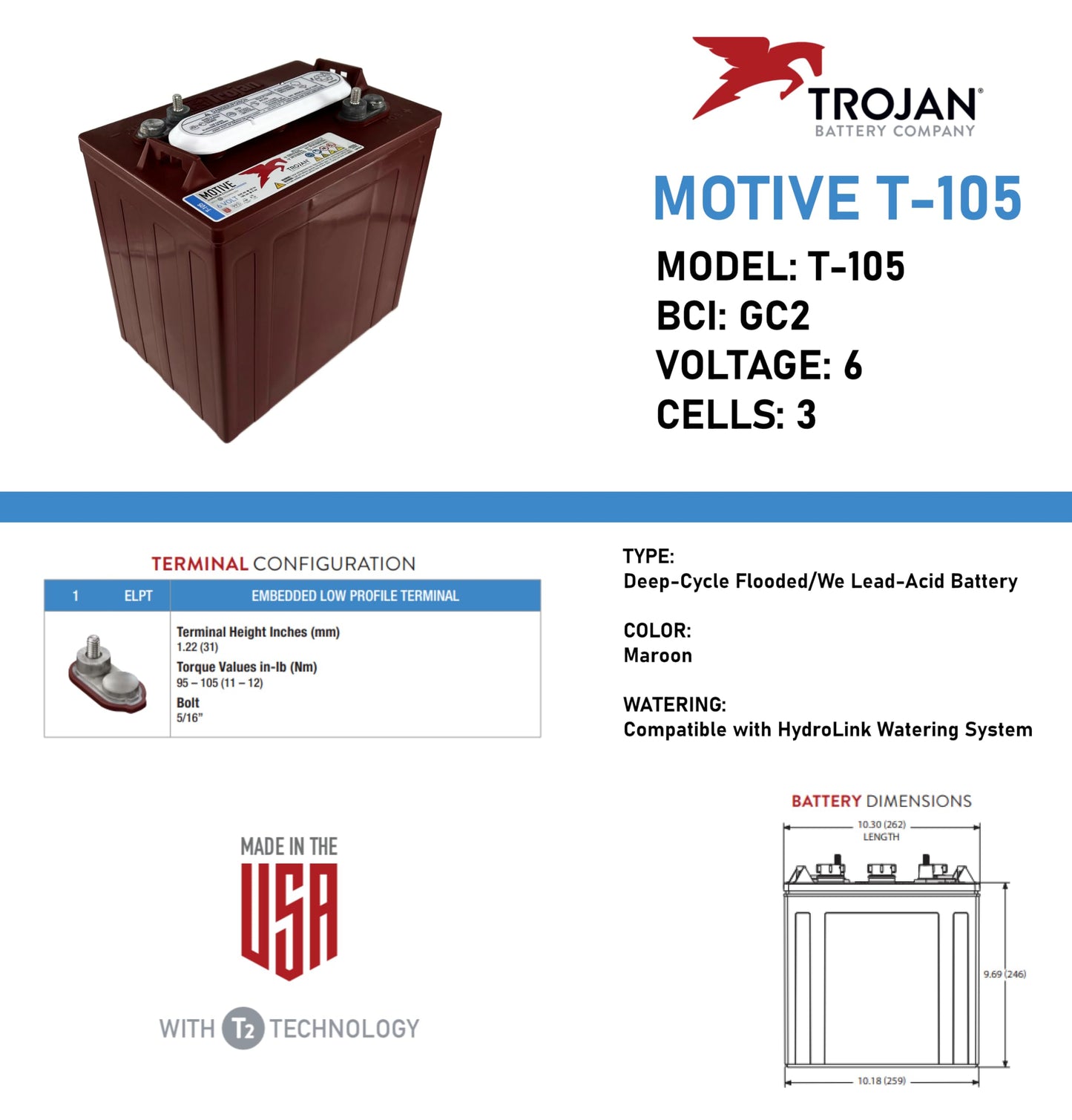 Trojan Battery T-105 6V 225Ah Deep Cycle Flooded Lead Acid GC2 Battery (Set of 8)