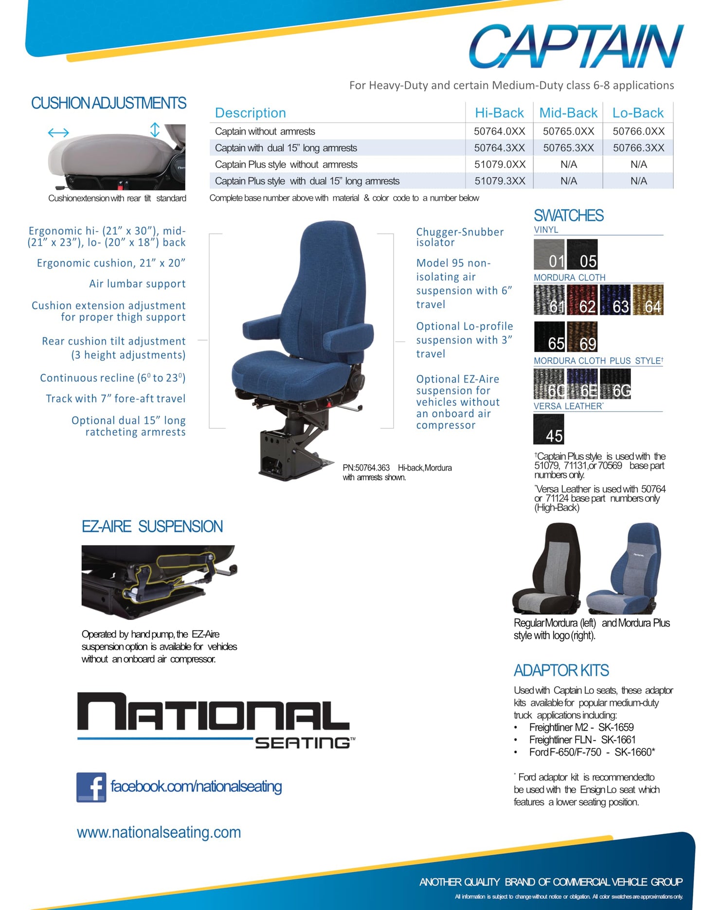 National Seating 50764.361 Truck Seat, HiPro 95 Air Suspension, Medium Gray Mordura Cloth, Hi-Back, 15 in. Ratcheting Armrests