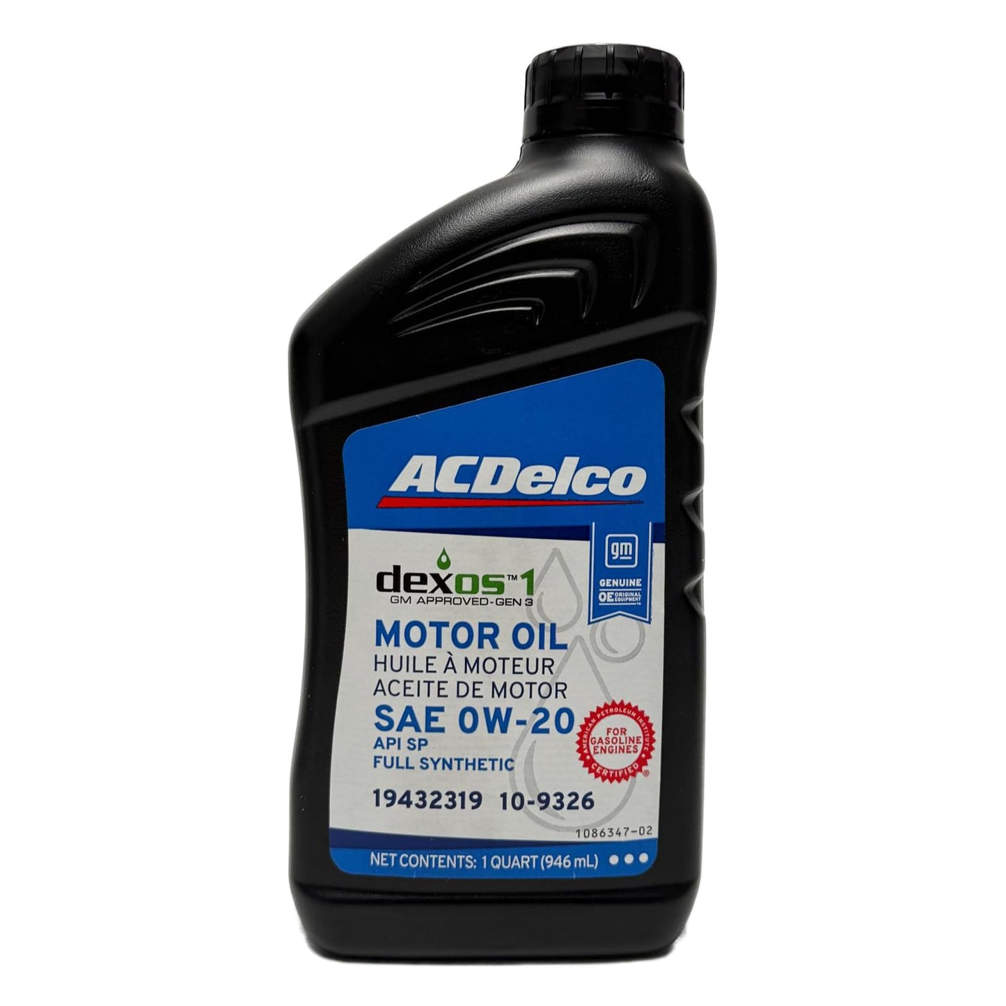 ACDelco GM Original Equipment 10-9326 (19432319) dexos™1 GEN 3 Full Synthetic 0W-20 Motor Oil - 1 qt (Case of 12)