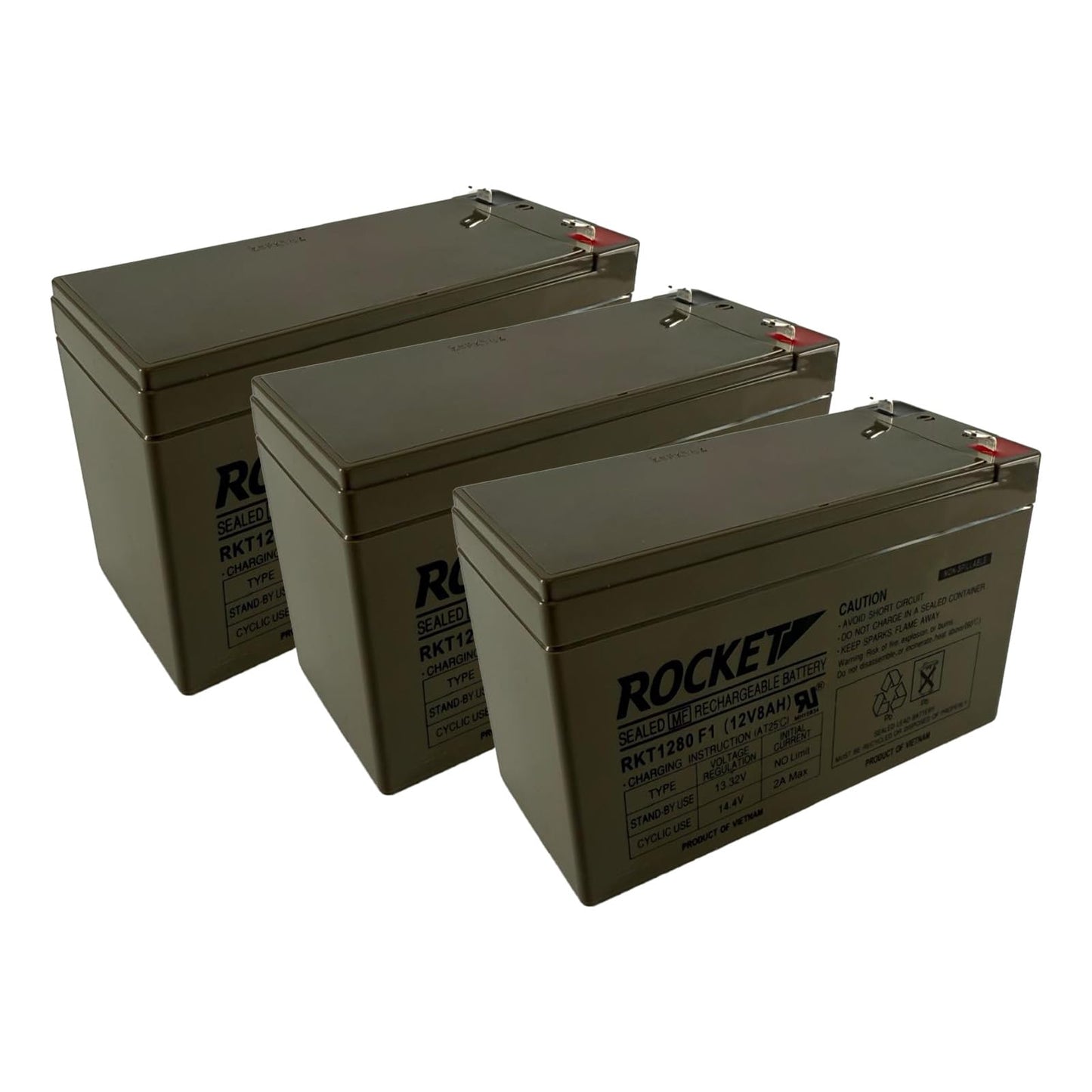 ROCKET RKT1280 12V 8Ah (Pack of 3) Sealed Lead Acid (SLA) Rechargeable Battery – F1 Terminal – AGM, Maintenance-Free, Backup Power for UPS, Alarm, and Security Systems