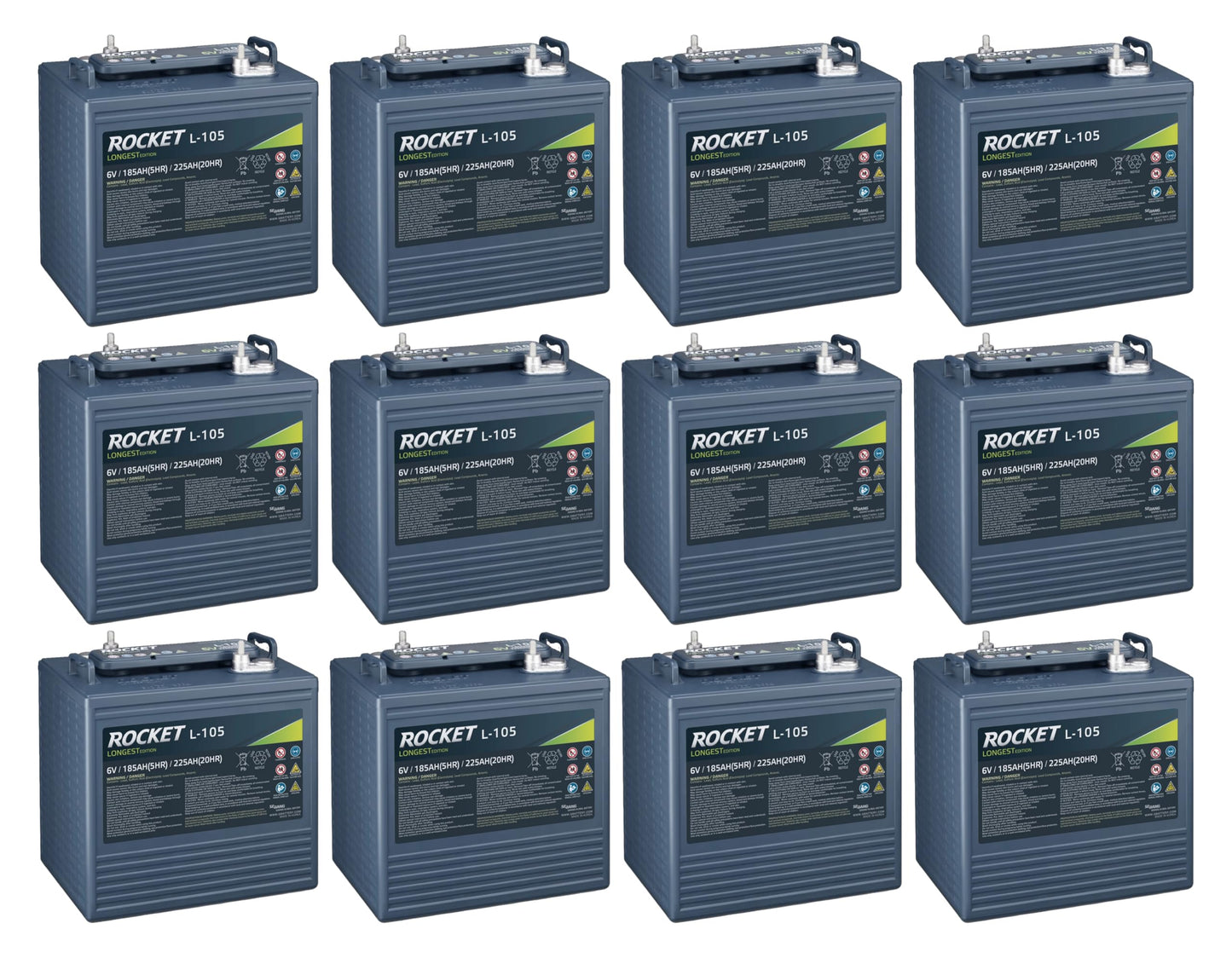 Rocket L-105 225Ah 6V Golf Cart Battery - Replaces T-105 / T-605 (Set of 12)