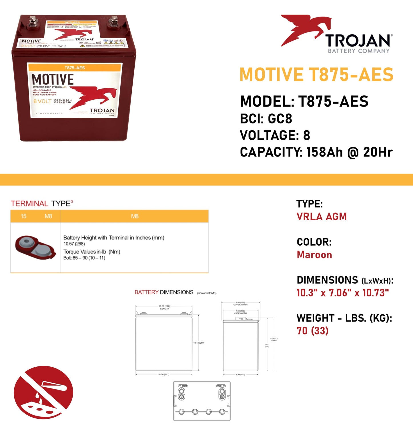 Trojan T875-AES 8V 158Ah VRLA AGM Battery (Set of 6)