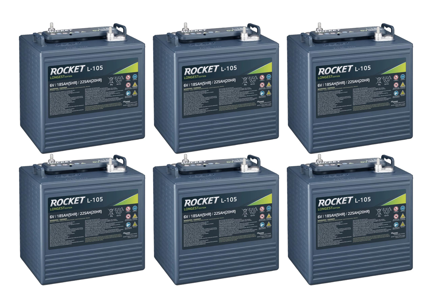 Rocket L-105 225Ah 6V Golf Cart Battery - Replaces Trojan T-105 (Set of 6)