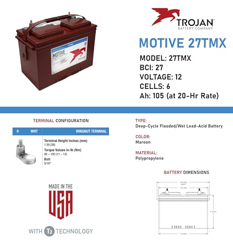 Trojan 27TMX 12V Flooded Lead Acid Battery, 105 Ah - Ideal for RVs, Marine, and Floor Cleaning Machines