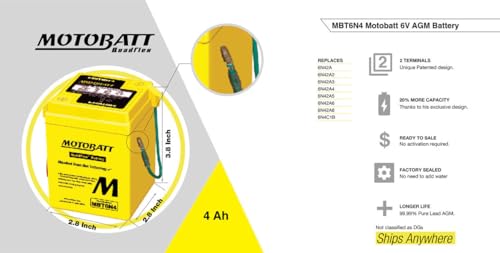 MotoBatt MBT6N4 (6V 4 Amp) Factory Activated Maintenance Free QuadFlex AGM Battery Replaces - 6N42A, 6N42A3, 6N42A4, 6N42A5, 6N42A6, 6N42A8