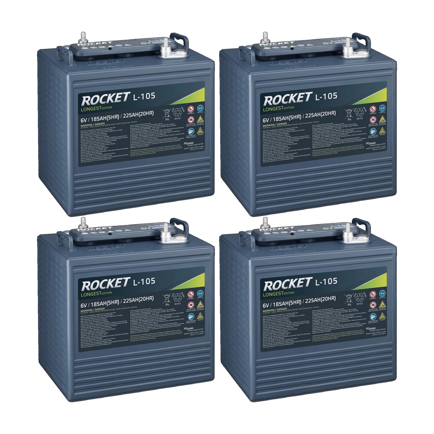 Rocket L-105 225Ah 6V Golf Cart Battery - Replaces Trojan T-105 | T-605 (Set of 4)