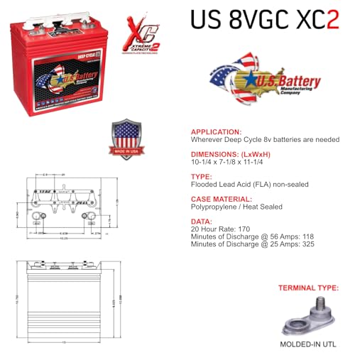 6 Pack | U.S. Battery US8VGC 8V 170Ah Deep Cycle Golf Cart, Solar, Marine, RV, and Industrial Use Battery - Replaces T-875 | T875