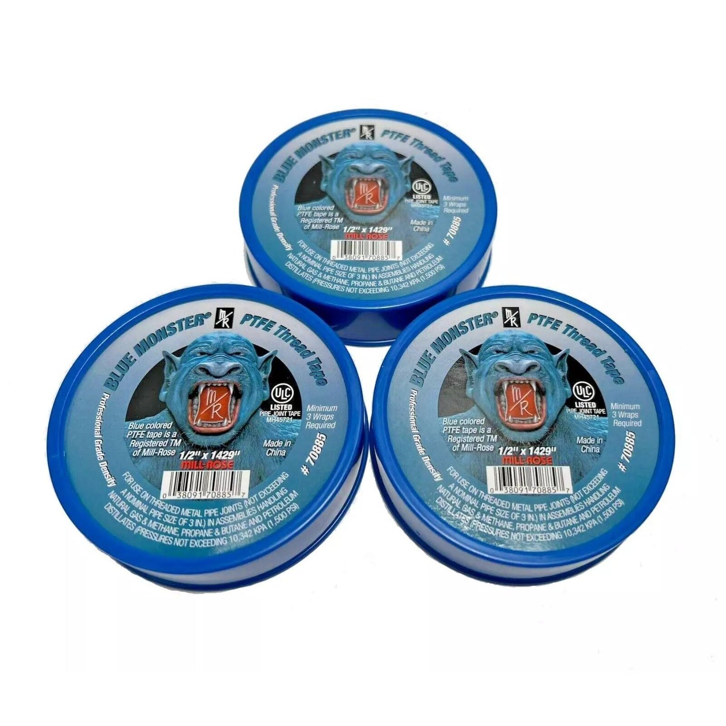 Milrose 70885 Blue Monster 1/2 Inch x 1429 Inch Blue Teflon Tape (3 Pack)