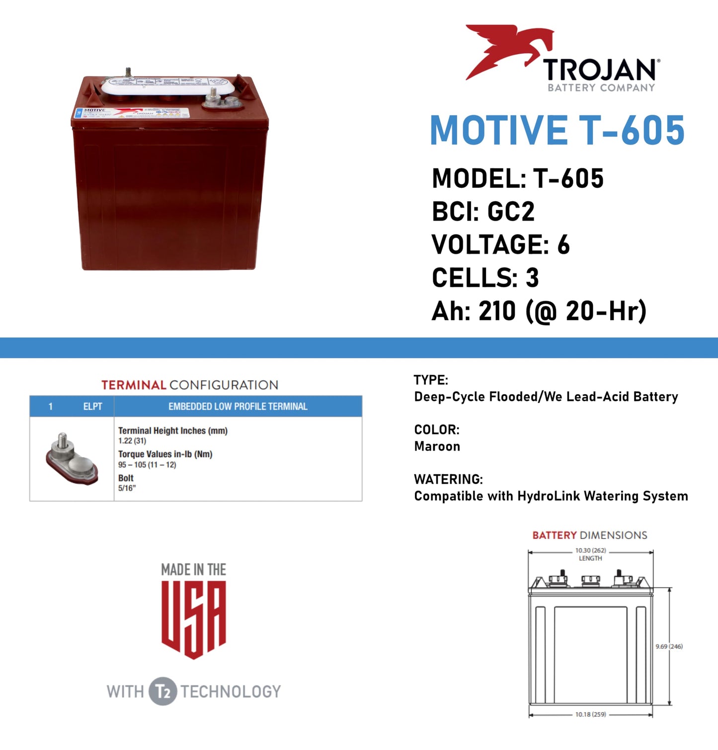 Trojan T-605 6V Lead Acid Battery, 210Ah 20-Hr Rate - Set of 6