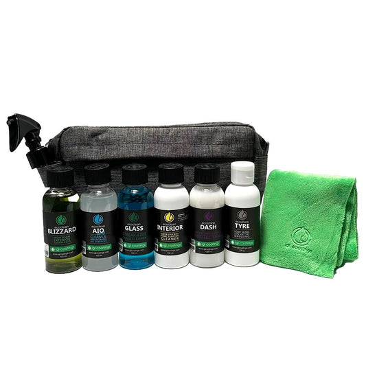 IGL Travel Car Detailing Kit: 100ml Ecoclean AIO, Blizzard, Glass & Interior, Ecoshine Dash/Tyre, Microfiber Towel – Ideal for Glove Box & Trunk Essentials