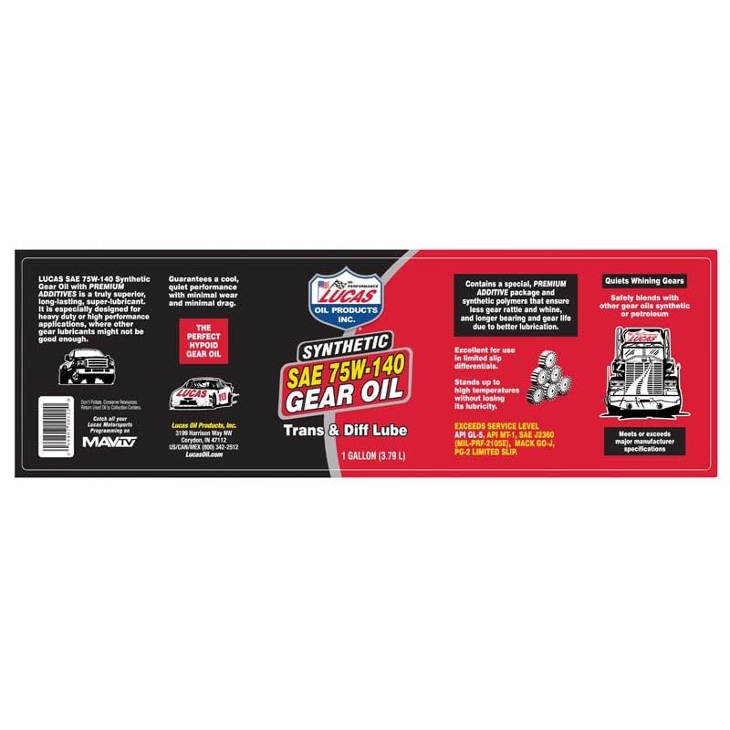 Lucas Oil 10122 Synthetic SAE 75W-140 Gear Oil - 1 Gallon (Pack of 4)