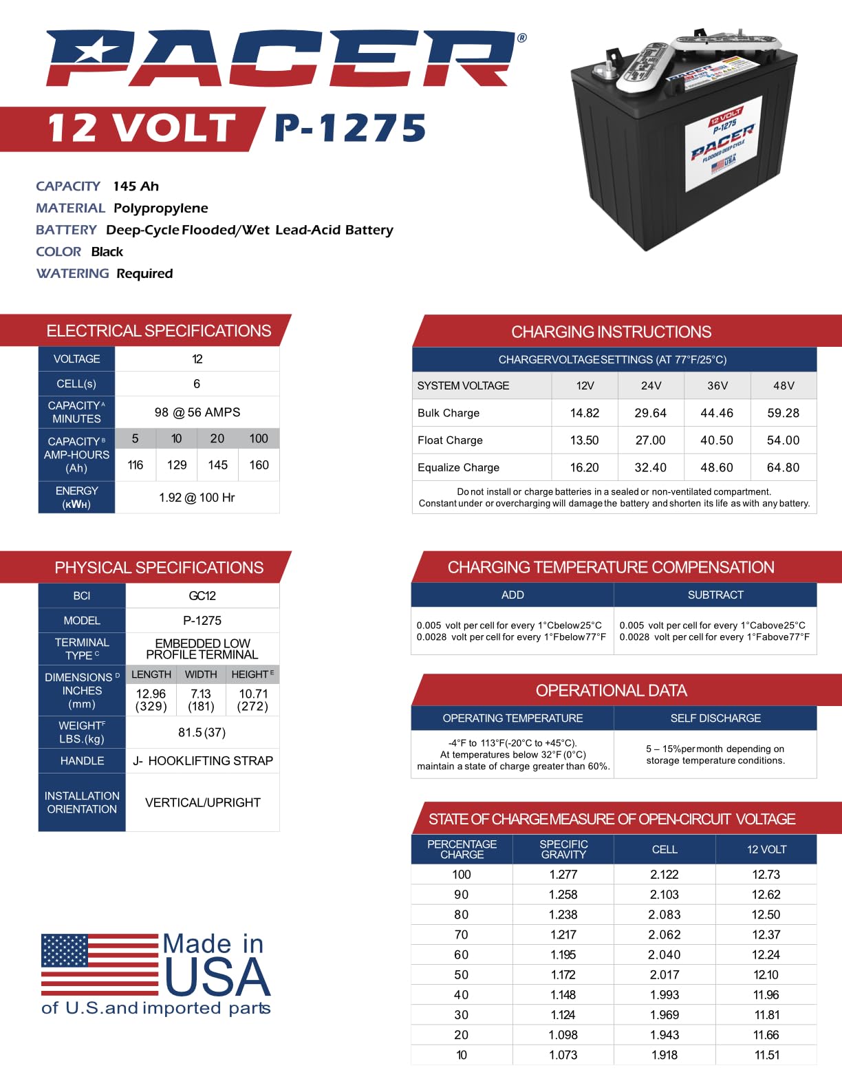 (Set of 12) Pacer P-1275 12V 145Ah Deep Cycle Golf Cart, Solar, Marine, RV, and Industrial Use Battery. Compatible with Trojan T-1275 | T1275