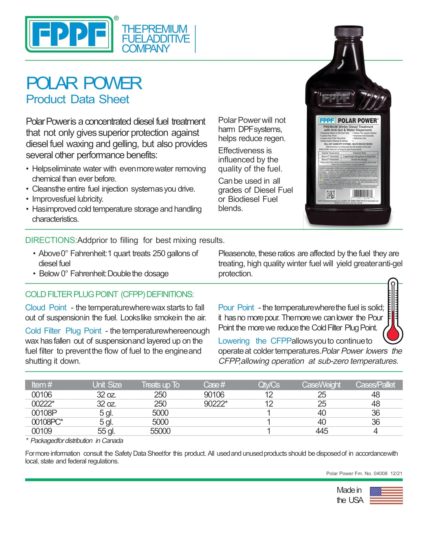 FPPF Polar Power® 00106 Diesel Fuel Treatment – 32 oz. (Pack of 4)